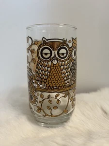 VINTAGE 1970's 5" Whimsical Brown Yellow Owl Drinking Glass Tumbler Barware Bird - Picture 1 of 10