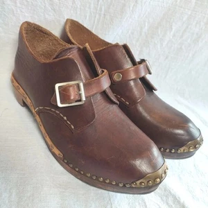 Traditional Clogs Adult Hand Crafted Wooden Leather Brass - 10 Inch Unknown Age - Picture 1 of 15