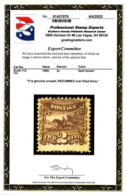 US Scott #113 2c Pony Express Pictorial Stamp. MRG. PSE Certified. CV $500-$190 - Image 1 of 3