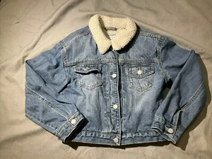 Old Navy Jacket Youth Kids Large 10/12 Blue Denim Sherpa Lined Trucker Coat - Picture 1 of 10