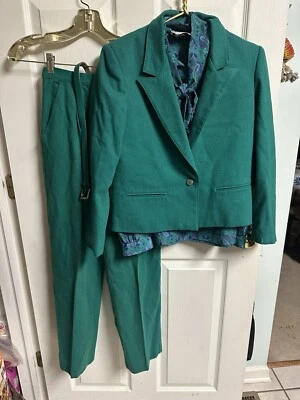 Russ 5 Pc Set Pant Suit Blazer Wool Top Skirt 26x24 Pants 24x26 Green 70s 80s - Image 1 of 4