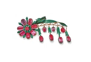 AN ANTIQUE AND LATER RUBIES AND ENAMEL FLORAL SPRAY BROOCH - Picture 1 of 2