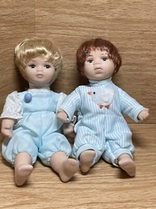 VTG 2 porcelain TWINS GIRL BOY 7" Dolls PAINTED green blue eyes blonde red hair - Picture 1 of 6