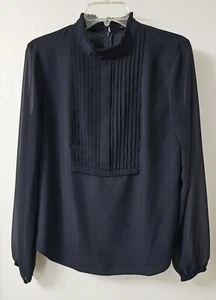 Ann Taylor Black Sheer Sleeved Tuxedo Front Blouse - Size 8 Long Sleeve - Picture 1 of 8