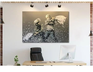 BANKSY Pillow Fight - Walled Off Hotel - Canvas Wall Art Print - Imagen 1 de 5