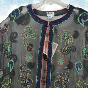 GUNIT 4X Paisley Bead Sequin Sheer Black SILK Evening Shirt Top Jacket STUNNING! - Picture 1 of 9