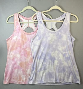 2 x Athleta Nitro Tank Tops Womens Size L Light Purple & Peach Tie-Dye Keyhole - Picture 1 of 11