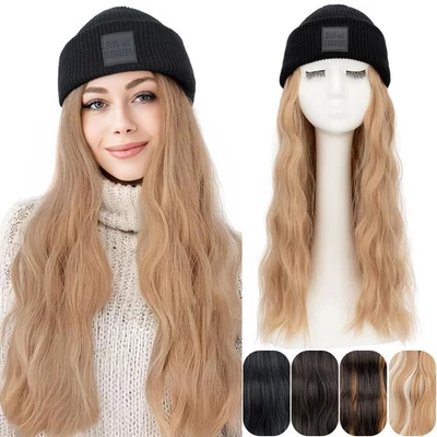 Sombrero de punto de 12 pulgadas/18 pulgadas con peluca de pelo sombrero de invierno con pelo adjunto para mujer Navidad Foto 1 de 4