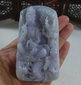 Cert'd Natural Type A Lavender Jadeite Jade Dragon Kwan-yin Big Pendant 6139 - Picture 1 of 7