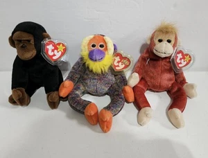 3 TY Beanie Babies Monkeys beanie Lot MWMT AND Protectors/C/BB - Picture 1 of 3