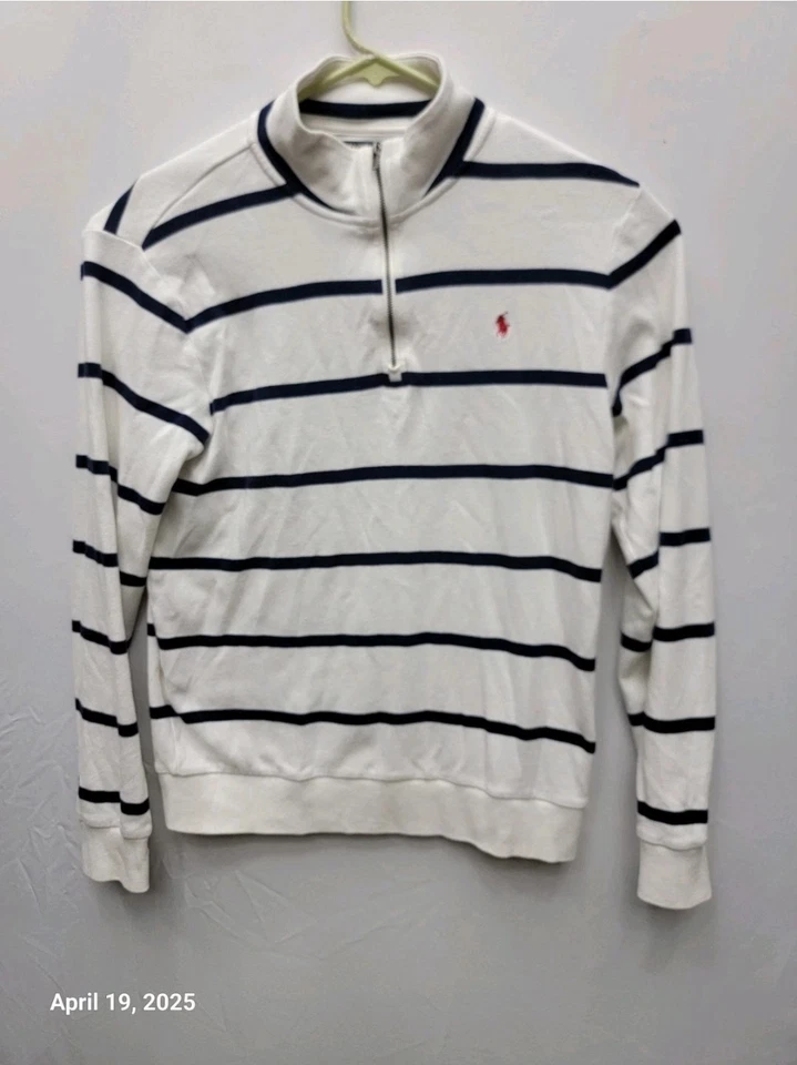 Suéter Pullover Polo Ralph Lauren Niños 1/4 Cremallera Simulada Rayas Talla XL 18-20 Blanco Foto 1 de 4