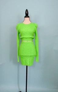 Size: S FASHIONNOVA Lime Green Sweater Skirt Set Puffed Long Sleeve Cable Knit - Picture 1 of 11