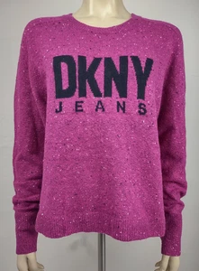 NWT DKNY Jeans fuchsia black speckled cotton blend pullover sweater ladies Large - Picture 1 of 9