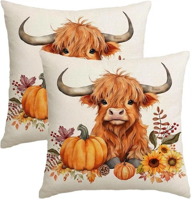 秋季枕头套 18x18 2 件套高地牛装饰燃烧橙色  — 第 1/4 张图片