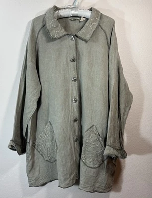 J. Jill M Sage Green Linen Unlined Swing Tunic Jacket Embroidered Legenlook Boho - Image 1 of 4