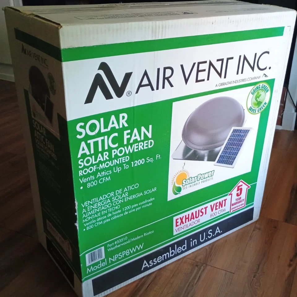Air Vent 53510 Roof Mounted Weatherwood Solar Power Attic Ventilator Fan 1500cfm