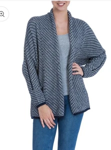 Novica Alpaca Wool Ocean Warmth Blue and Grey Alpaca Blend Cardigan S/M - Picture 1 of 12
