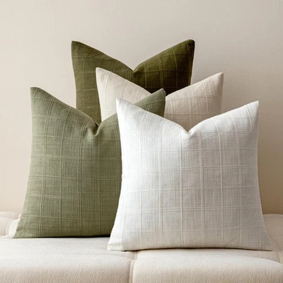 绿色亚麻枕套 4 件套,装饰格子枕套 20 x... — 第 1/4 张图片
