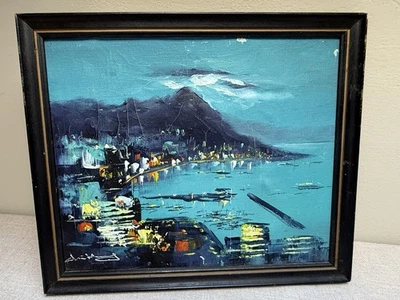 PINTURA AL ÓLEO MCM ABSTRACTA VINTAGE - Puerto de Hong Kong firmada años 70 Foto 1 de 4
