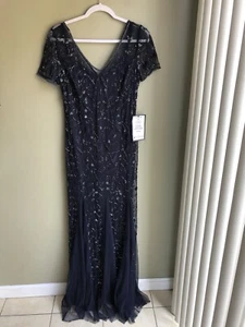 NWT! Adrianna Papell Short Sleeve V Neck Beaded Evening Gown 91918840 Size: 10 - Picture 1 of 15