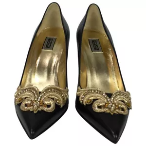 Versace Women's Shiny Golden Stones High Heels Shoes Patent Leather Black Sz 39 - Picture 1 of 11