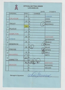 7-13-14 Los Angeles Angels - Game Used Lineup Card - Mike Trout & Albert Pujols - Picture 1 of 2