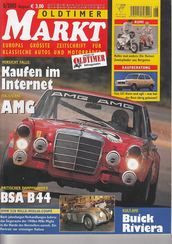 Oldtimer Markt 8/ 2003, AMG, Buick Riviera, BSA B44, BMW 328, Fiat 127, Rumi - Bild 1 von 1