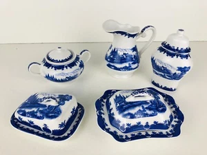 5-teiliges Formalitäten Baum Bros Blue Scenic Set Teeservice Krug Käseteller Schüssel Vintage - Bild 1 von 20