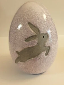 Large Ceramic Purple Easter Egg With Engraved Bunny Rabbit 7" - Picture 1 of 7