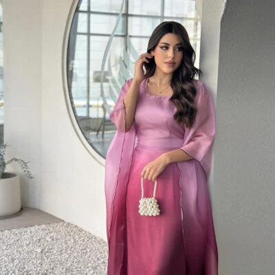 Mujeres Vestido Gradiente Manga Murciélago Musulmán Árabe Satén Abaya Kaftan Dubai Vestido de Fiesta Foto 1 de 4