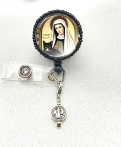 St Gertrude Patron of Cats Medal Glass ID Badge Reel Holder Retractable Clip - Picture 1 of 4