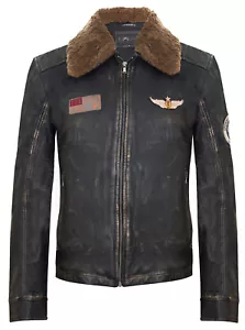 Men's Vintage Black Leather Bomber Jacket Flying US Air Force Detachable Collar - Picture 1 of 4