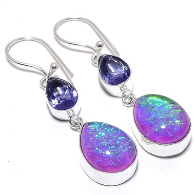 Triplet Fire Opal, Tanzanite Gemstone 925 Sterling Silver Jewelry Earring 2.3" - Image 1 of 4