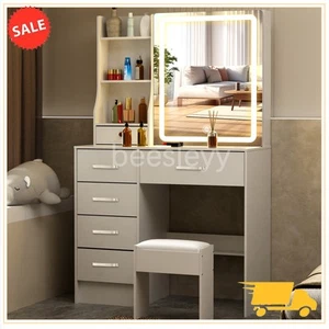 Dressing Table with 6 Drawers Mirror Stool Set Bedroom Makeup Desk Vanity Table - Picture 1 of 13