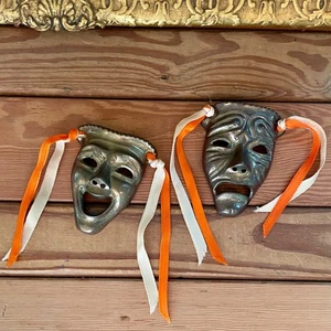 Pair Vintage Brass Comedy Tragedy Mask Theater 3.75x2.75 Mardi Gras New Orleans - Picture 1 of 4