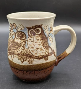 Eulen auf Ast glasiertes Steinzeug Handarbeit Kaffeetasse Teebecher 11 Unzen - Bild 1 von 6