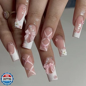 Weiße French Tips Schleife Press on Nails lang quadratisch geprägt mit Linie Blume Pe - Bild 1 von 5