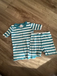 Hanna Andersson Two Piece Pajamas Shorts Striped Size 120 US 6/7 White Teal Blue - Picture 1 of 6