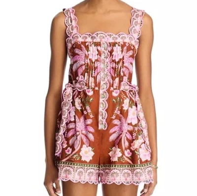 Farm Rio Women's Romper Palm Dream Brown Mini Sleeveless Linen Floral XL - Image 1 of 4