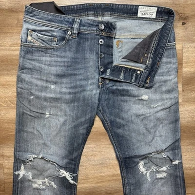 Diesel Jeans Men 32x30 Blue Safado Slim Straight Stretch Destroyed Grunge Hem 26 - Image 1 of 4