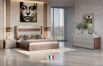 HECHO EN ITALIA 4 PIEZAS LED Queen King Dos Tonos Dormitorio Beige Brillante y Marrón Nogal Foto 1 de 3