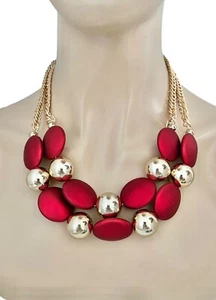Chunky Layered Bib Casual Chic Necklace Velvety  Red Beads Gold Tone - Picture 1 of 3
