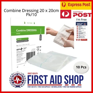 10x Combine Dressings 20cm x 20cm + FREE CPR CARD, First Aid Supplies, - Picture 1 of 2