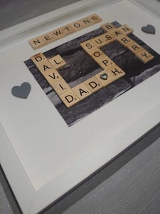Personalised Black Brick Picture Frame With Hand Made Wooden Scrabble Tiles gift - Picture 1 of 9