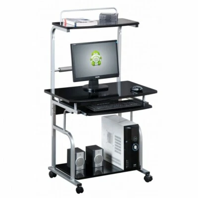 Scrivania Mobile per Computer, Stampante con Tastiera Estraibile Nero Lucido - Immagine 1 di 3