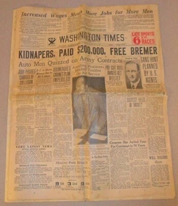 8 febbraio 1934 WASHINGTON TIMES Giornale GIORNALIERI, PAGATO $ 200.000 OMAGGIO BREMER - Foto 1 di 3