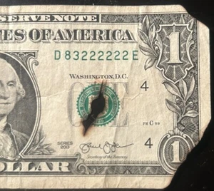 (6 IN A ROW!) $1 “DAMAGED” 6 In A Row Fancy Serial Number D83222222E Series 2013 - Picture 1 of 4