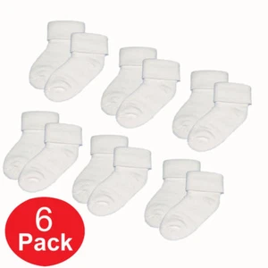 6 PAIR Baby Infant Newborn White Crew Turn Cuff Socks Boys Girls 0-6 mo. #800012 - Picture 1 of 2
