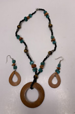 Jewelry Set Handmade NECKLACE EARRINGS Aztec Style Turquoise Brown Wood Beads