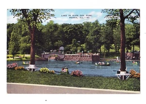 1943 Beautiful Scene Of Lake In Glen Oak Park Canoe / Kayak Bridge Pretty Flower - Picture 1 of 2